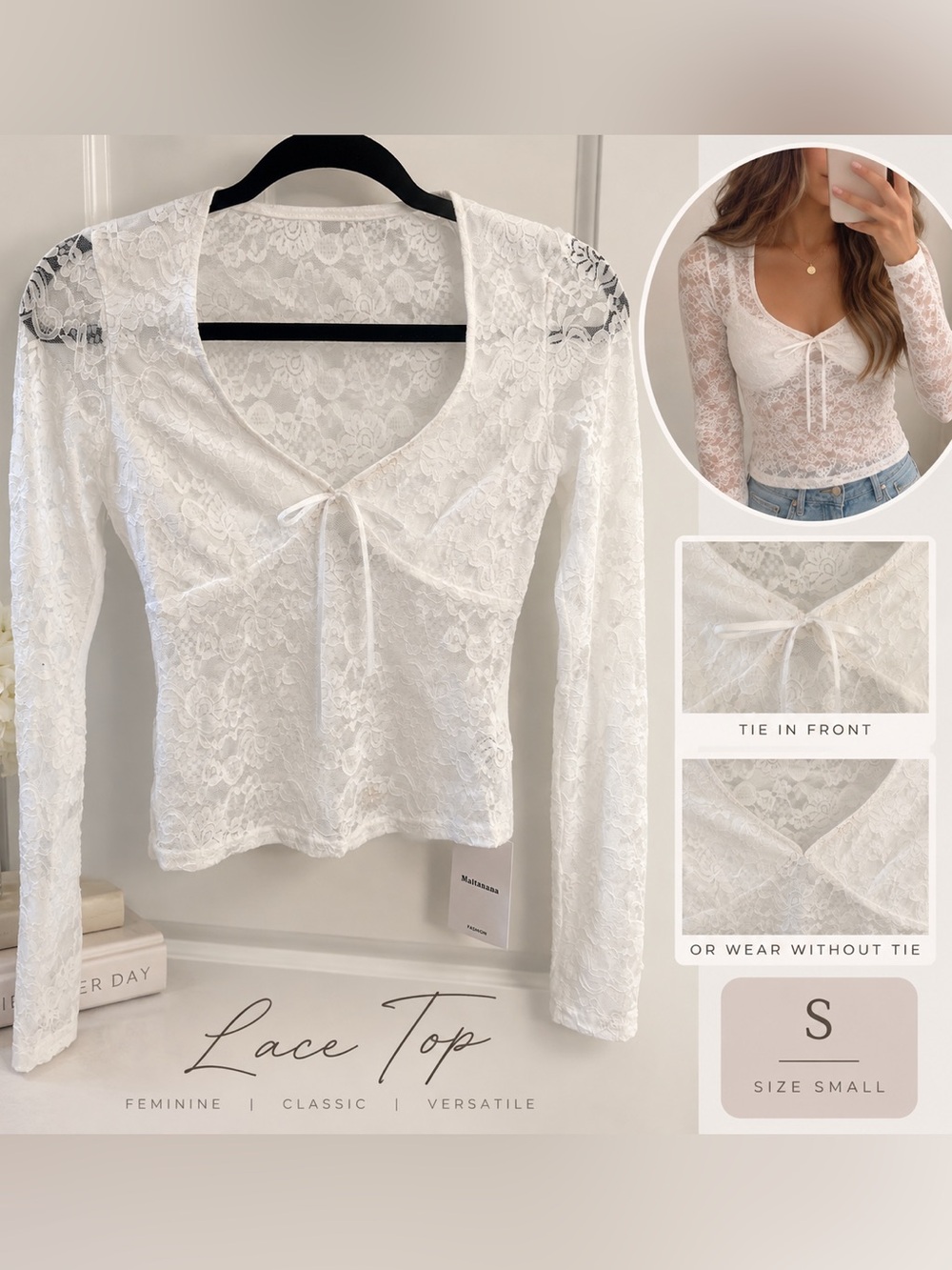 White Lace stretch Long-Sleeve Tie Front Top size small feminine NWT see pics
